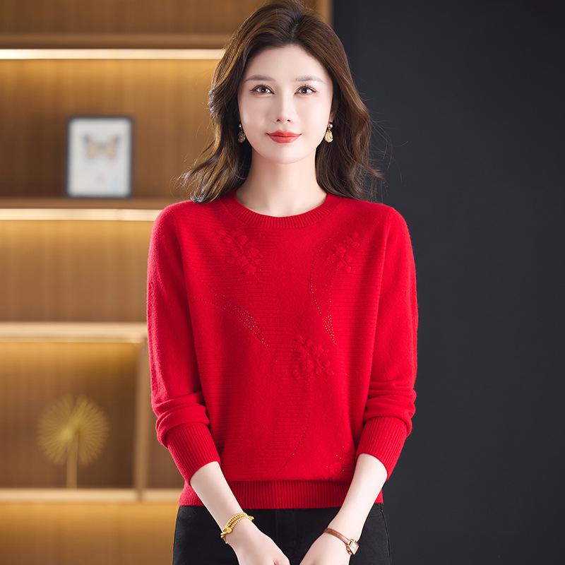 Autumn/Winter 100% Pure Wool Sweater for Mature Women - Knitted Base Layer with Stylish Embroidered Half-High Neck