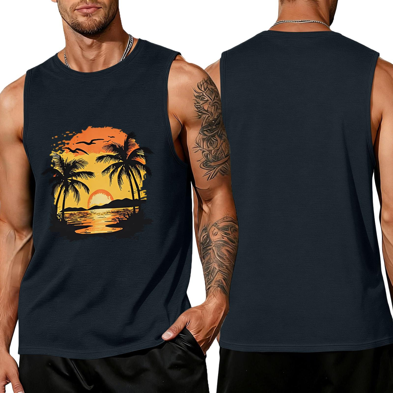 

Men s Sleeveless Muscle Tank Top Crew Neck Casual Fit Summer Beach Tree Print Lightweight Shirt XXXL