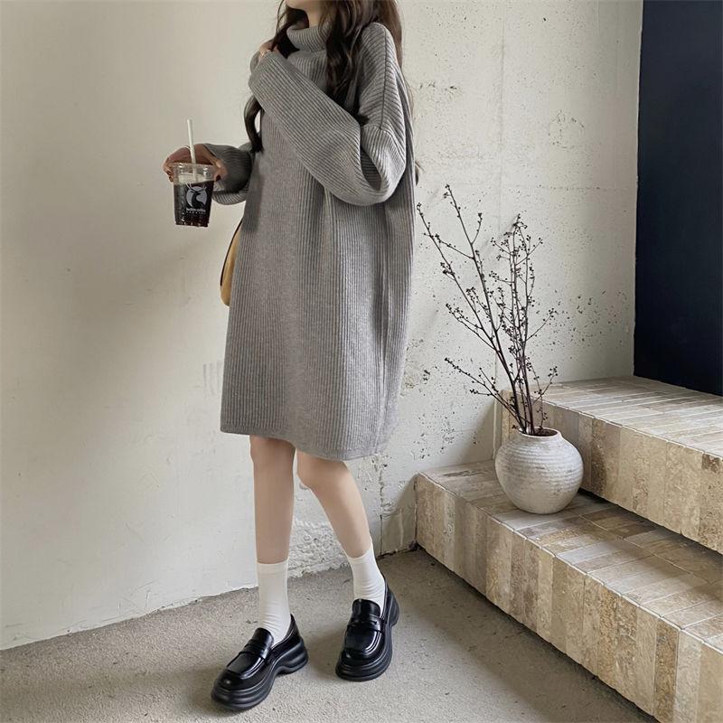 Winter Dress Turtleneck Batwing Long Sleeves Ribbed Warm Sweater Dress Ladies Autumn Winter Knitted Midi Dress