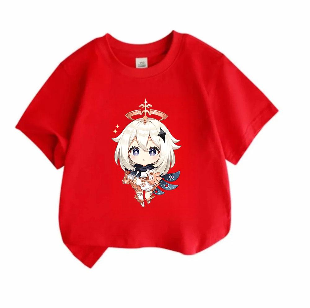 Kids Boys Girls Crew Neck Short Sleeve 100% Cotton T-Shirt, Cute Anime Chibi Character Printed Casual Soft Breathable Summer Tee for Daily Wear Outdoo