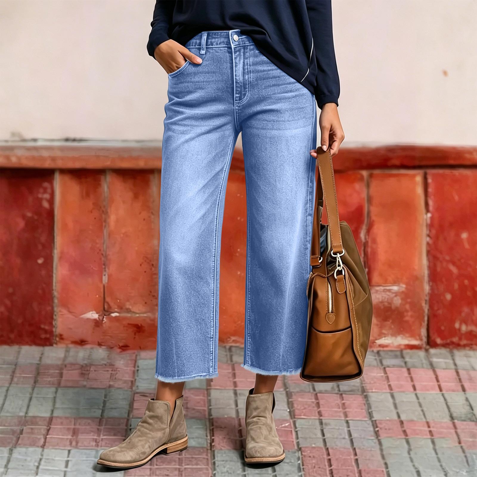 

Women s Classic High Waist Denim Jeans Wide Leg Cropped Pants Casual Straight Fit Stretch Fabric Comfortable Design XL небо синє кольору
