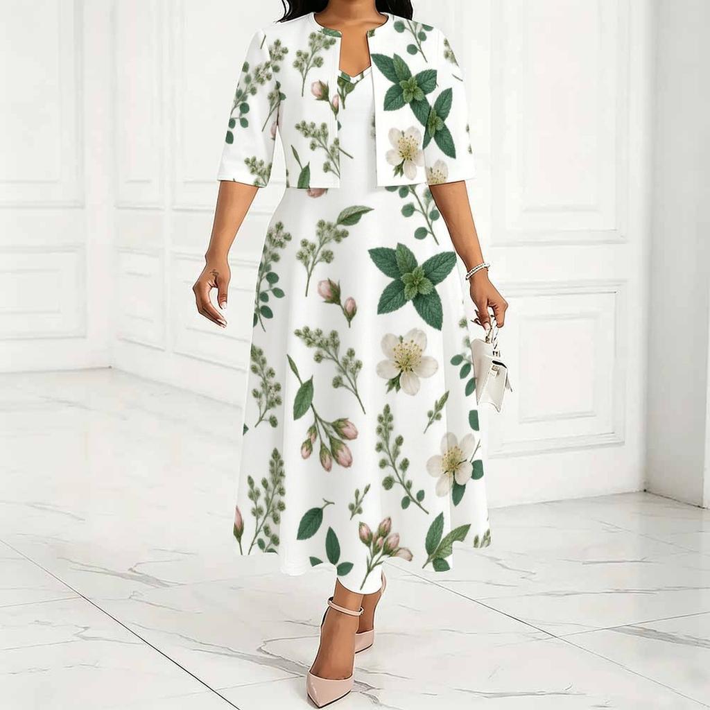 Women Plus Size Floral Printed Two Piece Set V Neck Sleeveless Midi Dress Short Sleeve Cropped Shrug