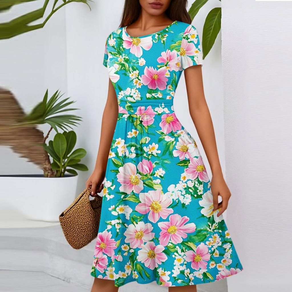 Women's Casual Fashion Round Neck Pleated Short Sleeve Floral Print A-Line Midi Dress