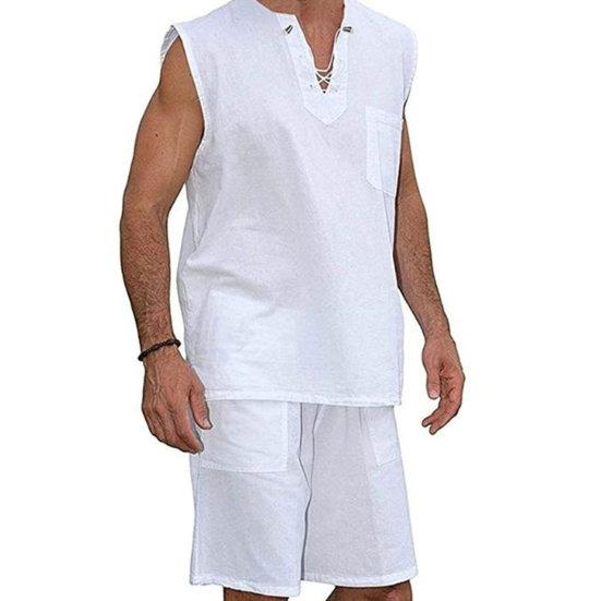 Erkekler Yaz Tankı Üstleri V Yaka Dantel-up Kolsuz Düz Renk Gömlek Tops Gevşek Yama Cep Tees Gömlek streetwear