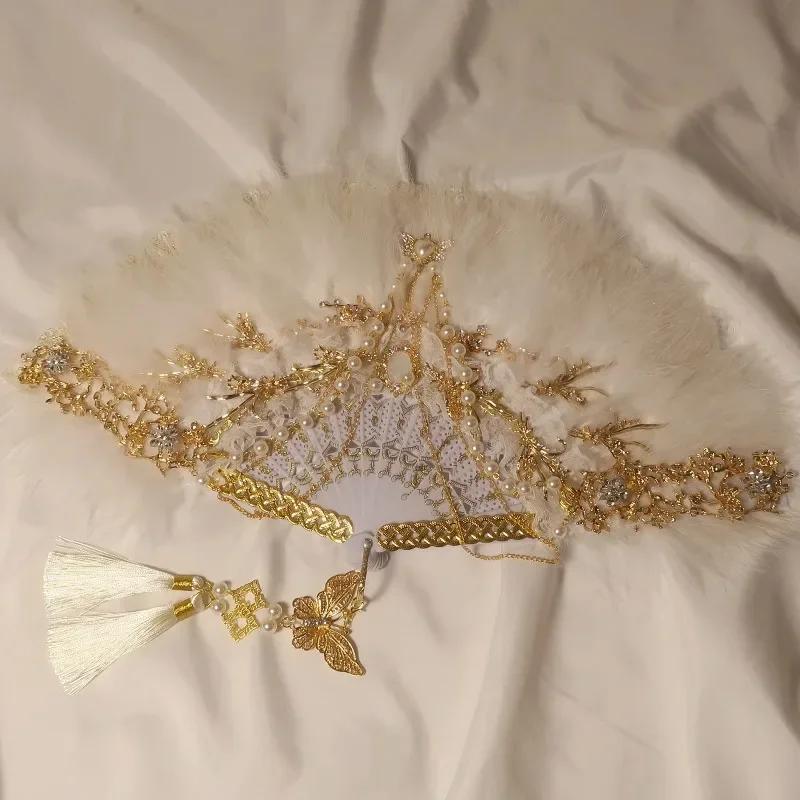 Feather Fan Lolita Dance Cheongsam Catwalk Show Folding Fan Retro Nostalgic Hanfu Fairy Lace Fan
