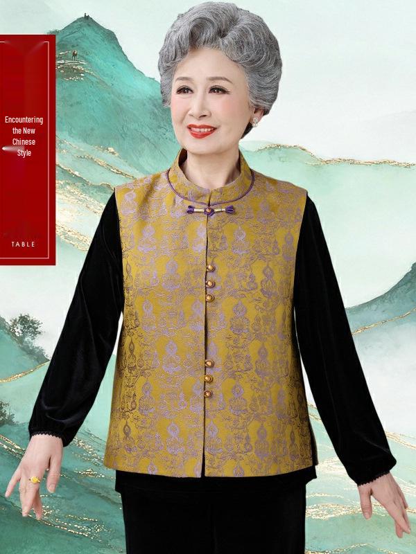 

2026 Stylish Stand Collar Loose Fit Vest for Mothers - New Chinese Style Outerwear 3XL (63-70 kg) жёлтый