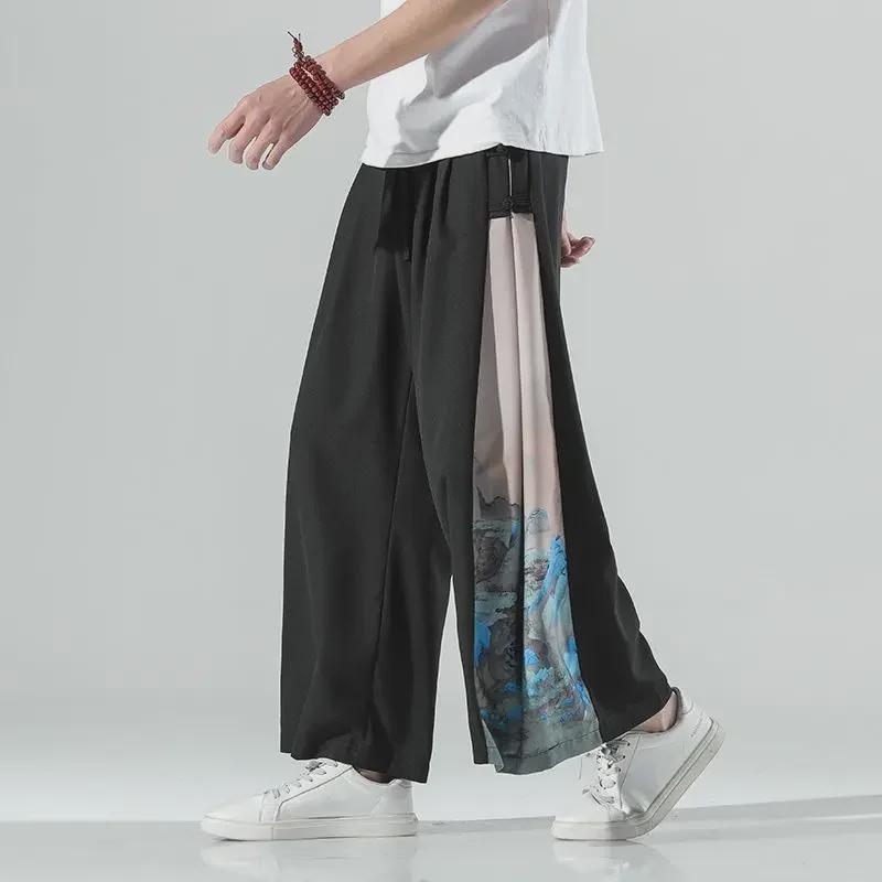 Men's Summer Ice Silk Hanfu Pants: Ancient Style Nine-Point with Chinese Print and Pendant Details.