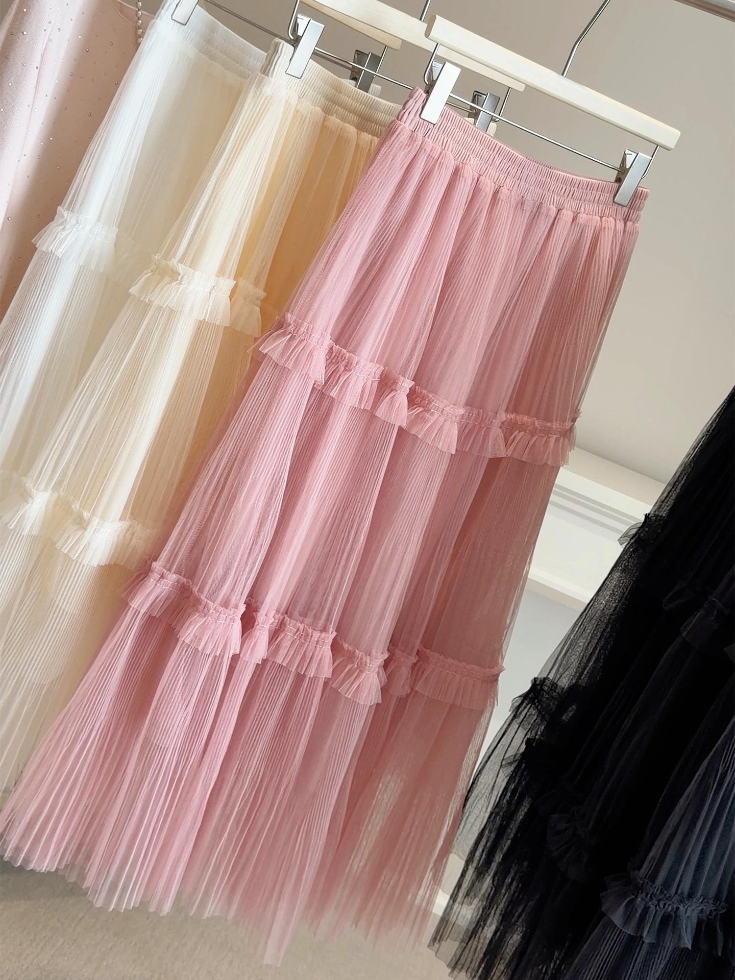 Spring Fairy Dress: Women s High Waist A-Line with Lace, Mesh, and Ruffle Layered Skirt One Size розовый