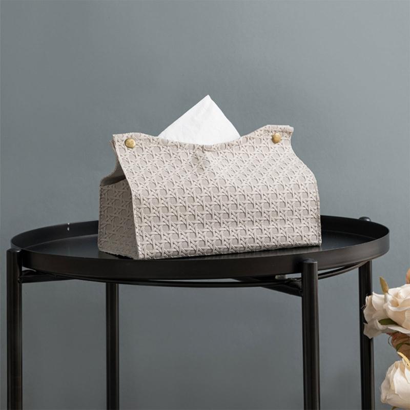 PU Leather Tissue Holder Rectangular Rattan-Tissue Box Cover Facial-Tissue-Case Paper Dispenser for Drop