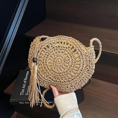 Women Hollow Straw Bag Circle Rattan Bag Round Soft Paper Rope Shoulder MessengerBag Tassel Summer Beach Handmade Crossbody Bags