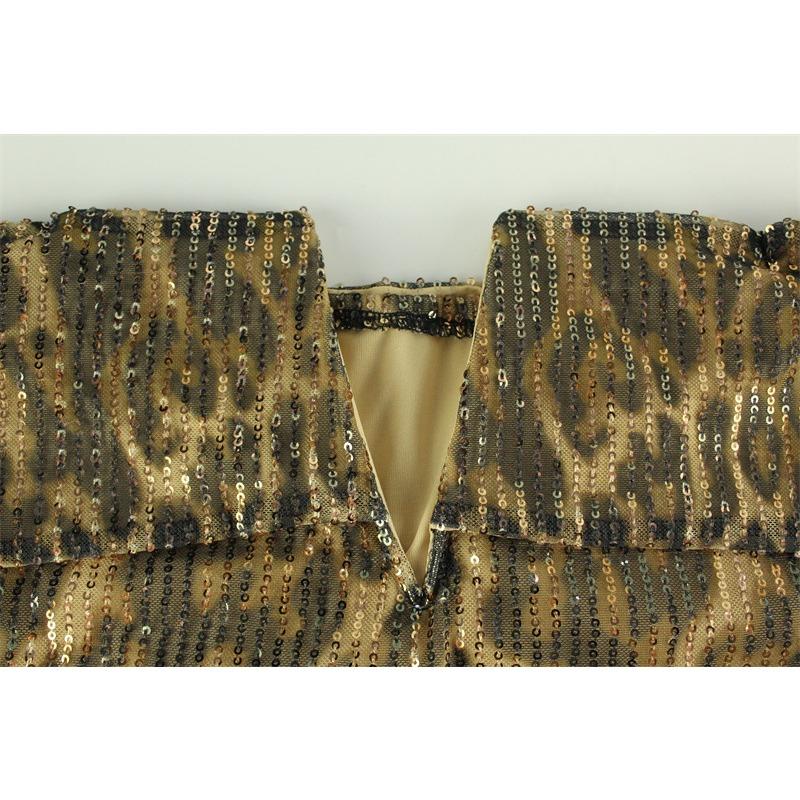 Vestido largo de cena con lentejuelas de leopardo y hombros descubiertos con escote en V para mujer