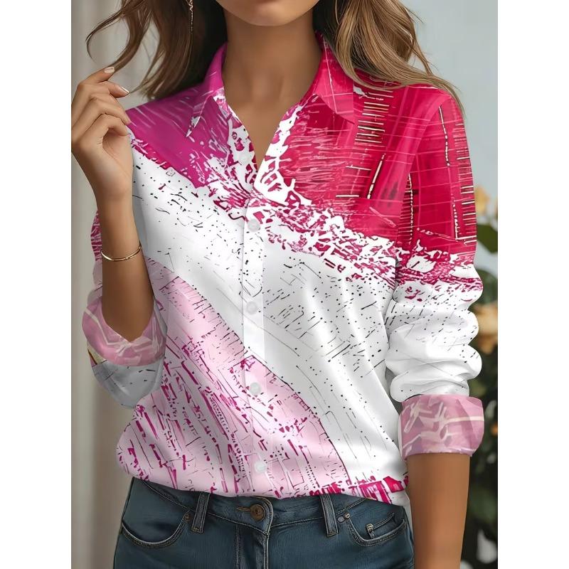 Women's Shirts Gradient Print Blouse Lapel Neck Blouse Women Long Sleeve Bohemian Vacation Shirts Womens Clothes Female Clothing