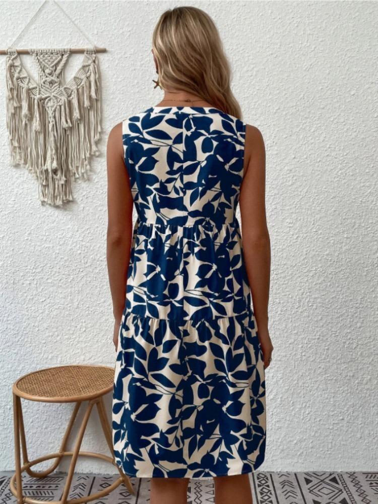 Sommermode Böhmisch Bedrucktes Plisseekleid Damen Locker V-Ausschnitt Lässig