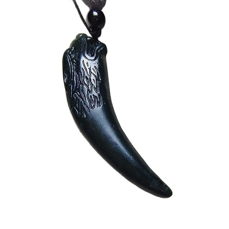 King of Medicine Stone: Men's Double-Sided Wolf Tooth Serpentine Jade Pendant Amulet In Dark Green