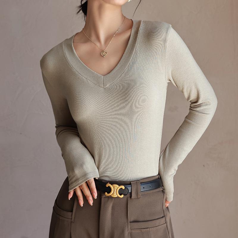 Q Thread V-neck Versatile Solid Color Base Shirt for Women In Autumn Slim Fit and Slim Inner Top Long Sleeve T-shirt Base Shirt