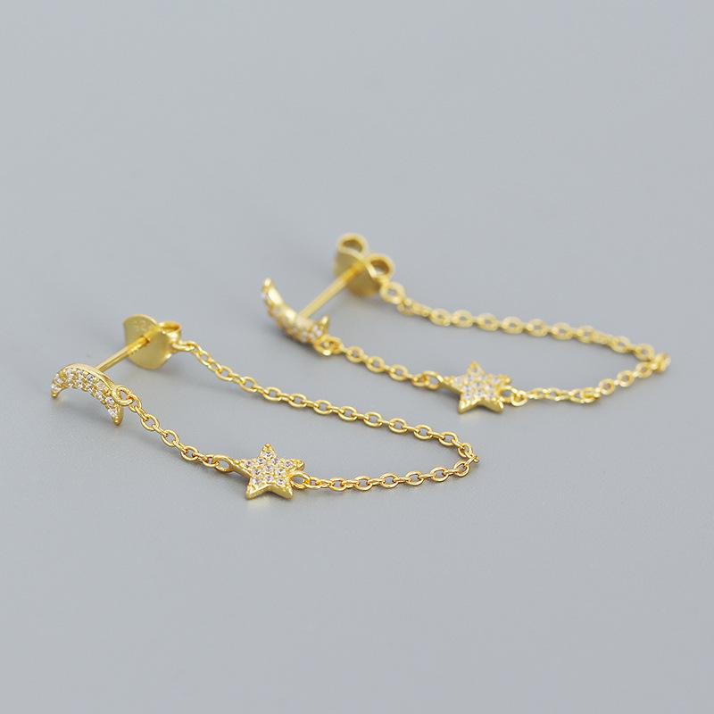 Fine Jewelry 925 Sterling Silver Tassel Chain Stud Earrings 18K Gold Plated Moon and Star hang Chain Earrings for Women