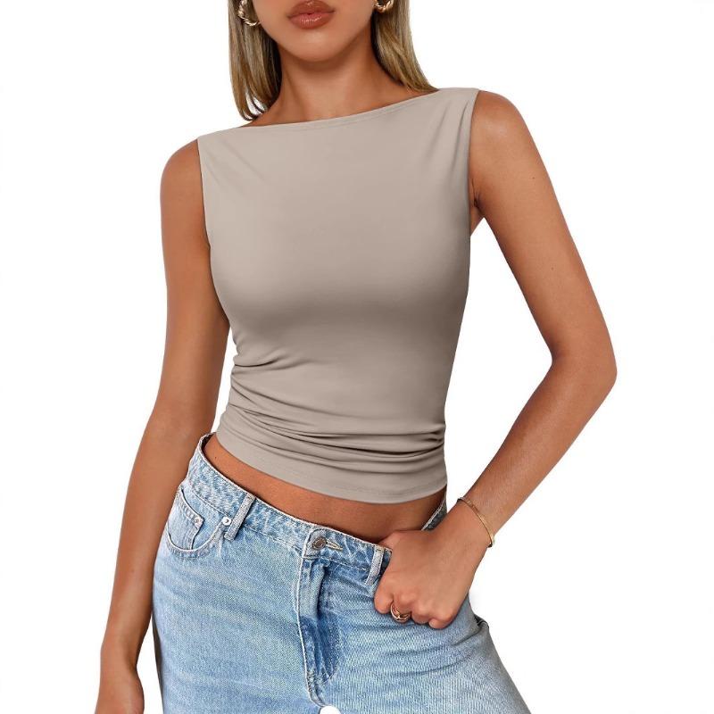 Women's Slim Fit Boat Neck Top Sleeveless Solid Color Ruched Hem Casual Crop Top
