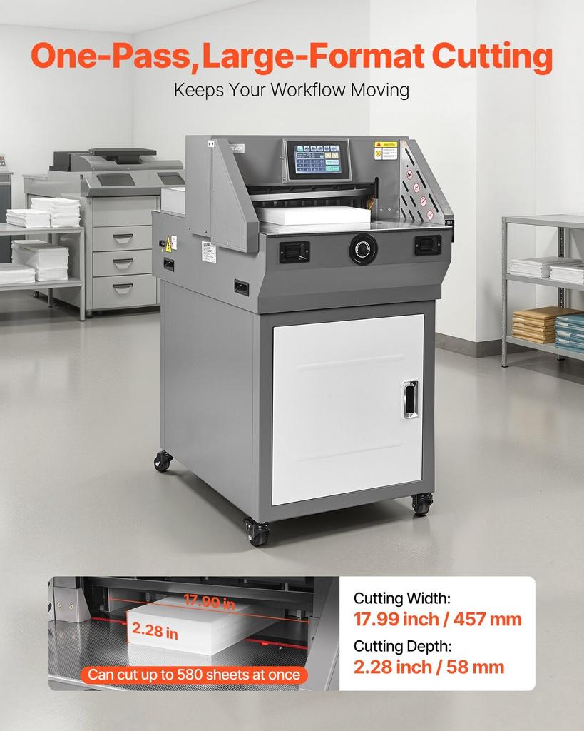 Elektrischer Papierabschneider, Programmierbare Metall-Papierabschneidemaschine, 457 mm Schnittbreite, 58 mm Schnittstärke, Elektrischer hydraulischer Guillotinen-Trimmer