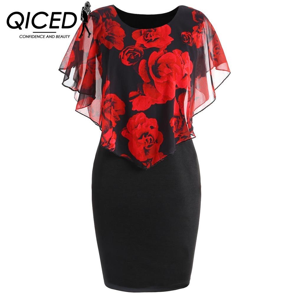 

QICED Черное сексуальное платье с прозрачной шалью и нежным цветочным принтом XXXXXL красный