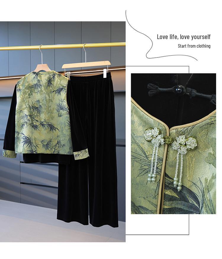 Elegant Spring Velvet Three-Piece Set: Floral Vest & Suit for Middle-Aged Women