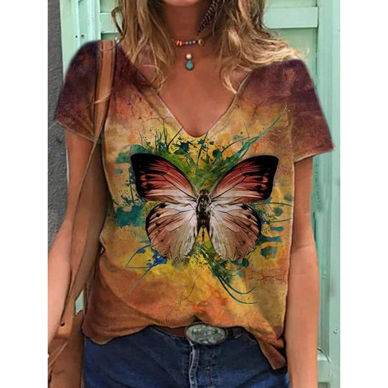 Sommer Schmetterling Libelle 3D V-Ausschnitt Bedruckt Neues Damen Top T-Shirt