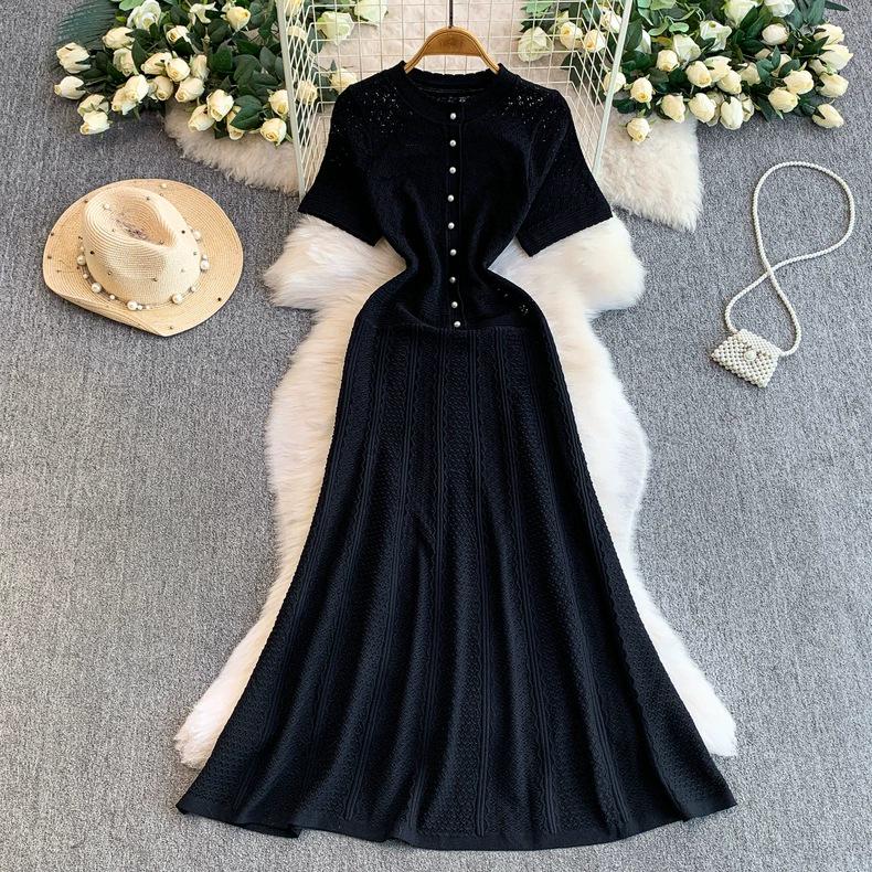 Rochie Lungă Elegantă S5 Primăvară/Vară cu Imprimeu Floral Francez, Decolteu Rotund, cu Nasturi