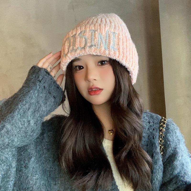 

Letter Woolen Hat for Women in Autumn and Winter Warm Ear Protecting Hood Korean Version Small Face Fashionable Versatile Knitted Hat Cold Hat 56-60CM