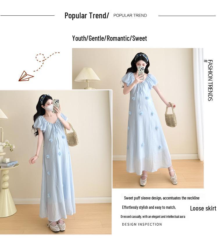 2026 Summer Korean Style Puff Sleeve Knee-Length Maternity Dress