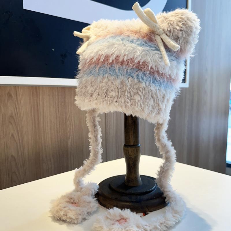 

Новая милая шапка с полосатым бантом, плюшевыми наушниками, теплая, универсальная, может использоваться как сумка, женская 52-56cm