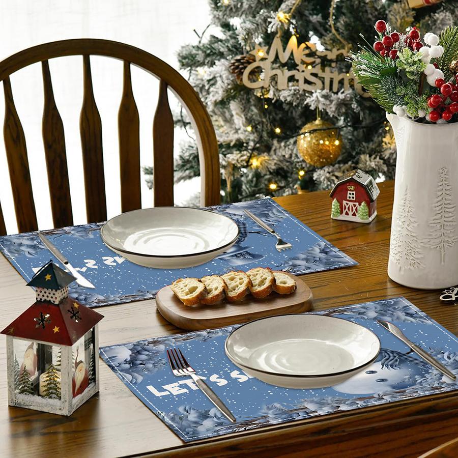 Snowman Snowflake Winter Placemats Set Seasonal Christmas Linen Table Mats Set 12x18 Inch Holiday Table Mats Kitchen Decor