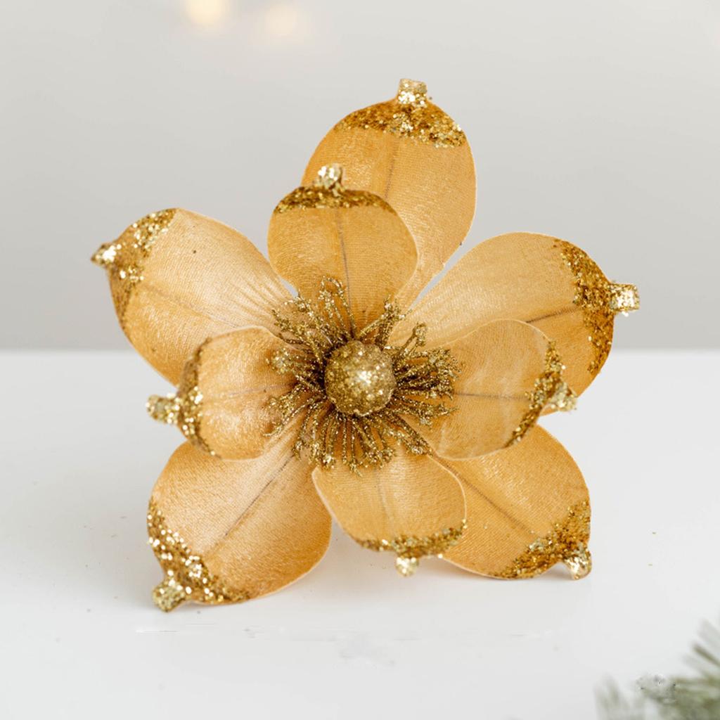 Artificial Glitter Magnolia Flowers Christmas Poinsettia Ornaments Picks For Christmas Tree Wreath Garland Xmas New Year Decoration