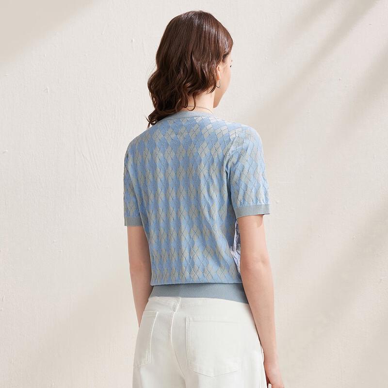 Women's Retro Diamond Pattern Silk Blend Short Sleeve Knit Top