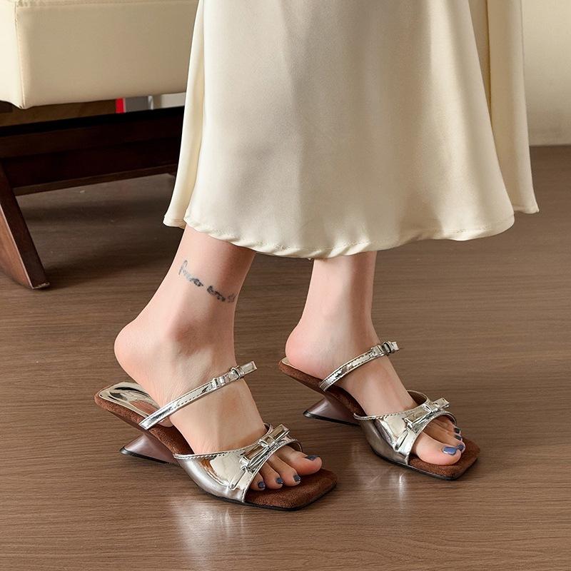 Silver bow wedge sandals women's summer wear 2025 new square head cool slippers with skirt high-heeled slippers
