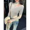 In Stock: Women's White Semi-High Neck Hollow Out Slim Fit Long Sleeve T-Shirt for Autumn/Winter 2026
