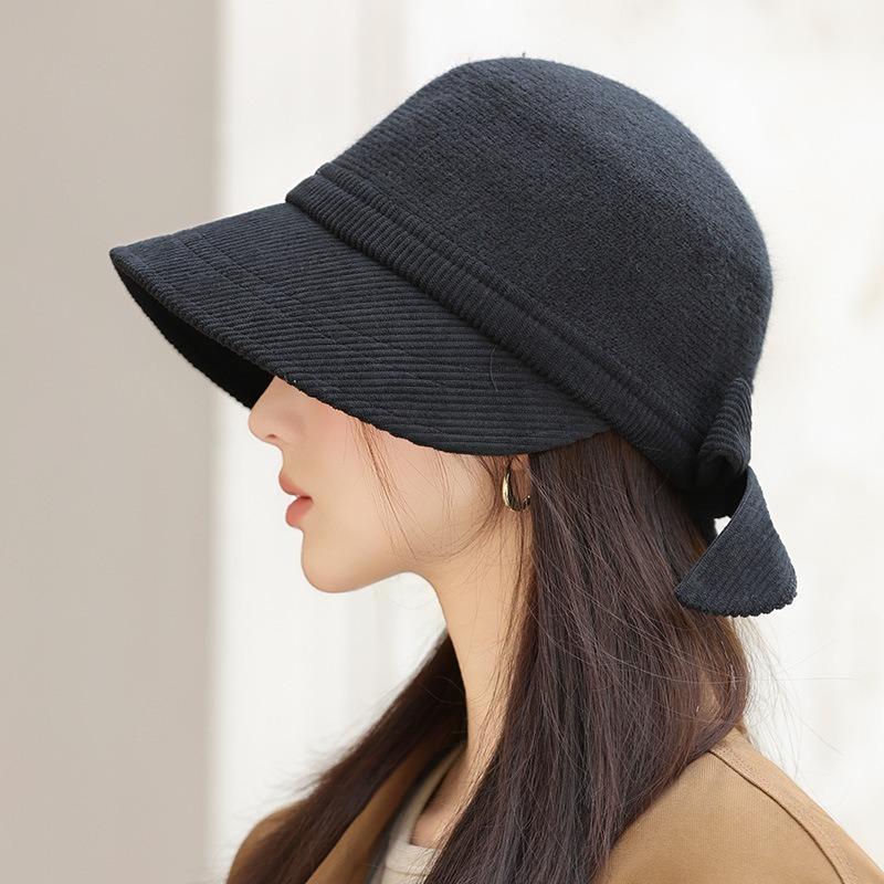 Autumn and Winter Hat Women's Big Brim Showing Face Small Bucket Hat Retro Versatile Yarmulke Hat Bow Basin Hat