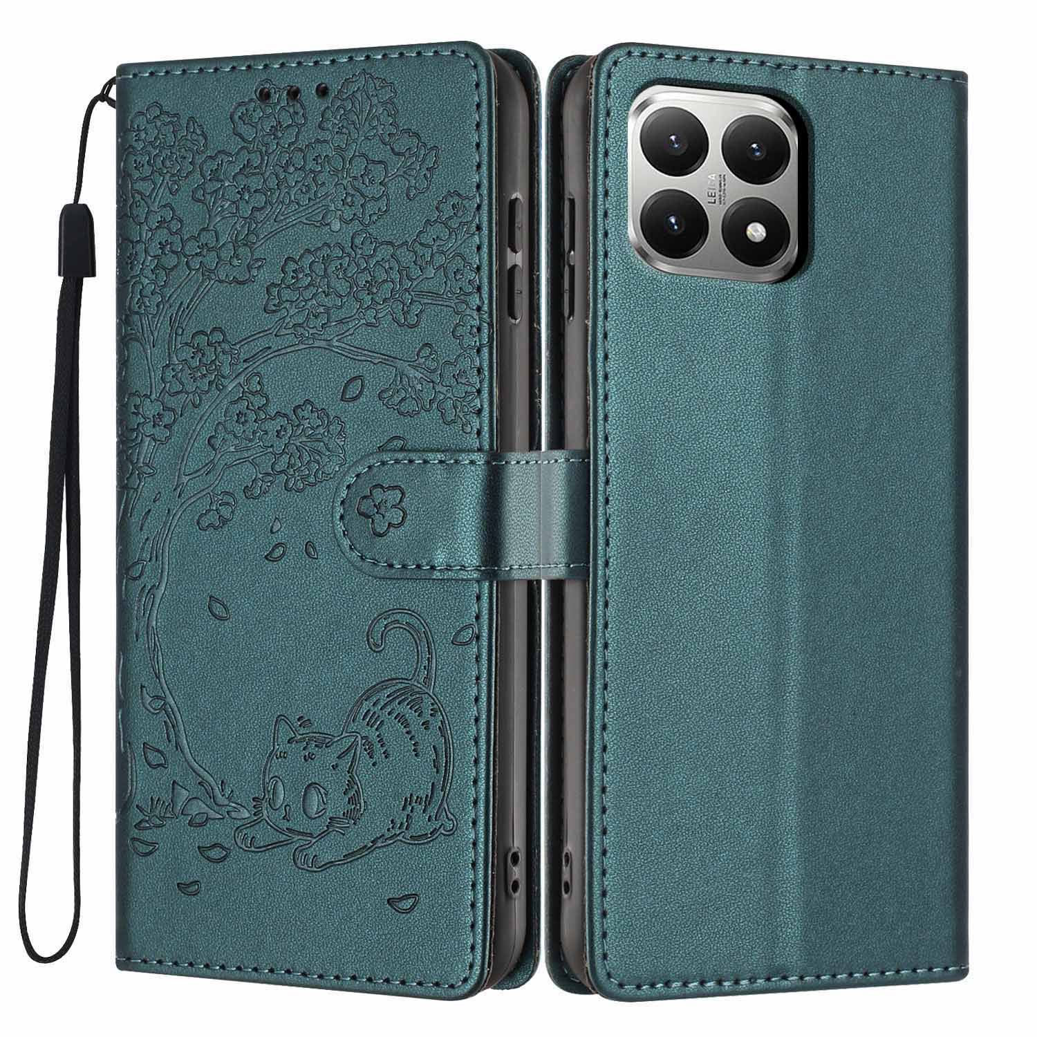 

For Xiaomi 15T Stand Case Tree-and-Cat Pattern PU Leather Wallet Protective Phone Cover with Wrist Strap