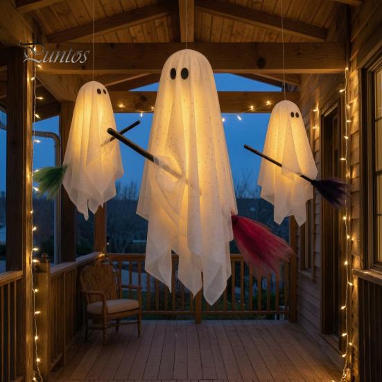 Flying Ghost Trio for Porch 3 Pcs Halloween Decorations, Spooky Hanging with Broom, Decorations Large White Tree Yard Patio Decor Cozy Glow Lighting