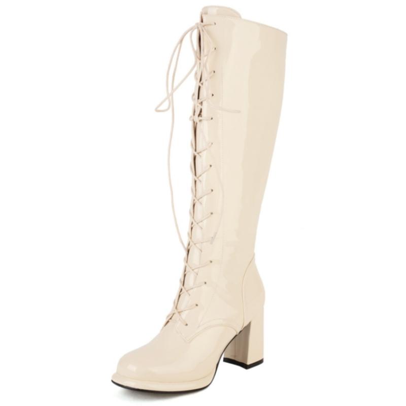 Women's Knee High Boots Lace-up Block Heels Party Winter Shoes Ladies Footwear Large Size 44 Black White Red Long Party Boot