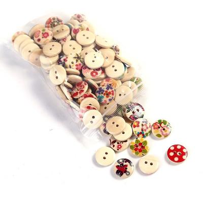 100pcs 15mm Mixed Round Pattern 2 Holes Wood Buttons Sewing