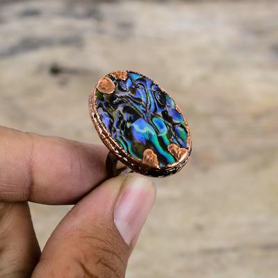 Anillo de Concha de Abulón Anillo de Cobre Electroformado Anillo Ajustable Joyería Electroformada Única Anillo de Piedra Preciosa Hecho a Mano Regalo de Boda Anillo Declaración