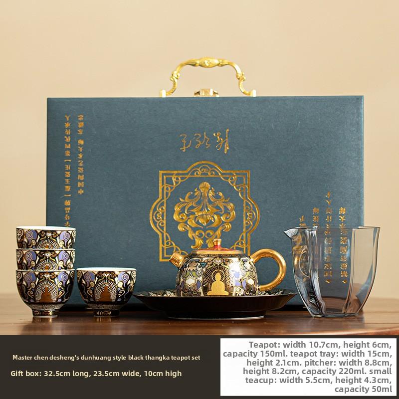 Dunhuang Gold & Silver Inlay Black Thangka Glaze Taotie Teapot for Gongfu Tea Ceremony Home Gift