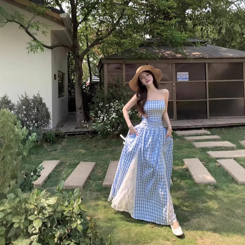 Holiday Style Plaid Splicing Lace Tube Top Dress Women's Spring and Summer New Retro French Waist Dress