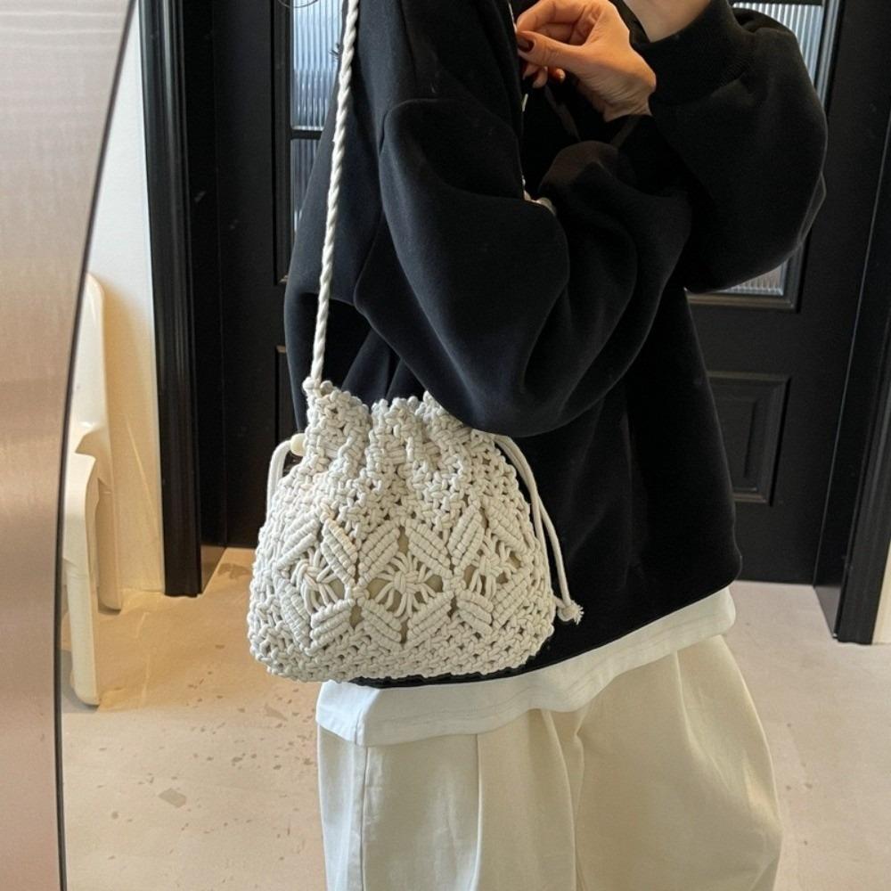 Borsa da Spiaggia Intrecciata Stile Fresco Piccola Secchiello Svuotato Grande Capacità Borsa a Mano Paglia Naturale Leggera Borsa a Tracolla con Coulisse