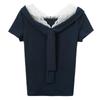 Sancai Women's Cropped Lace V-Neck T-Shirt