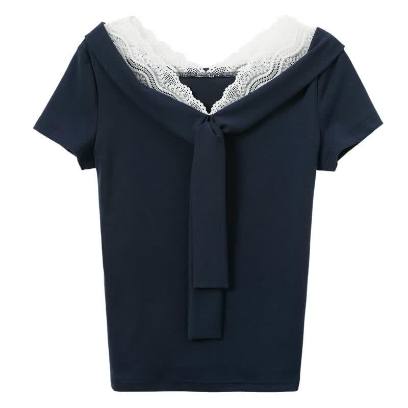 Sancai Women's Cropped Lace V-Neck T-Shirt