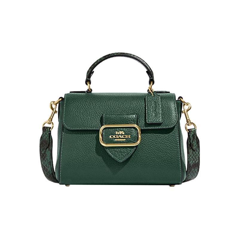 

COACH 21 solid color snap button flap closure cow leather shoulder crossbody handbag small size women s dark green зелений