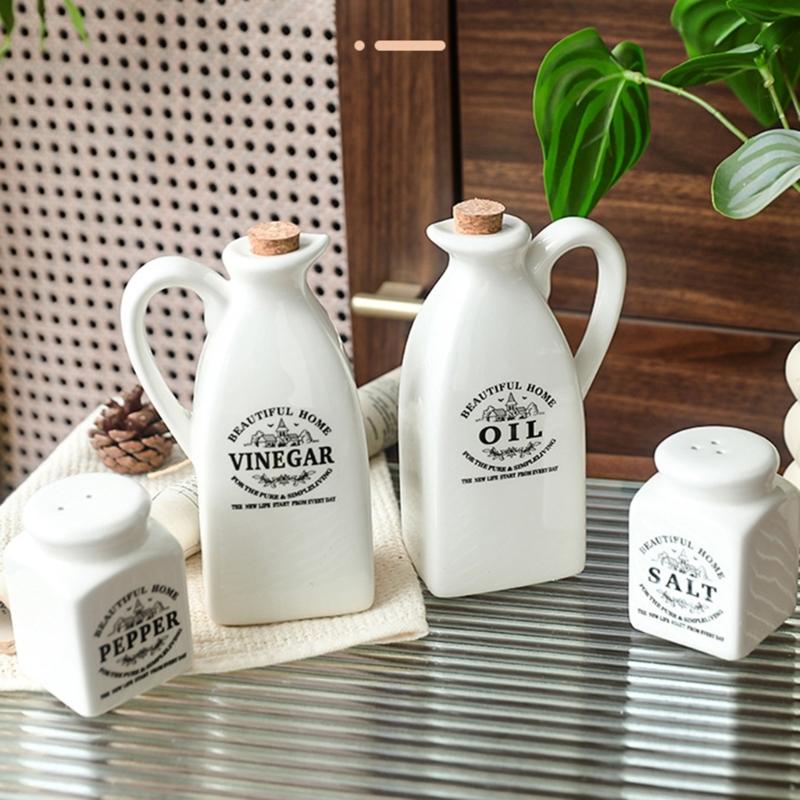 4pcs Ceramic Dispenser Set Including Oil Bottle Vinegar Bottle Salts Pepper Shaker Practical for Home Cooking