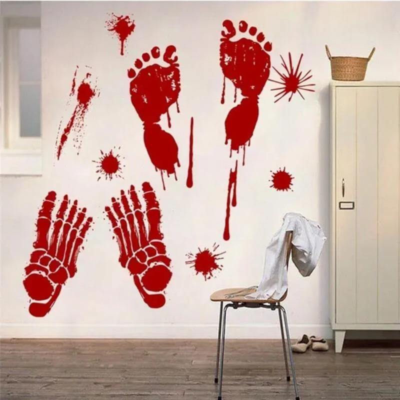 1 Package Halloween Bloody Sticker with Hand Foot Print Self-Adhesive Window Clings Horror Blood Splatter Halloween Party Wallpaper Clear Sticker