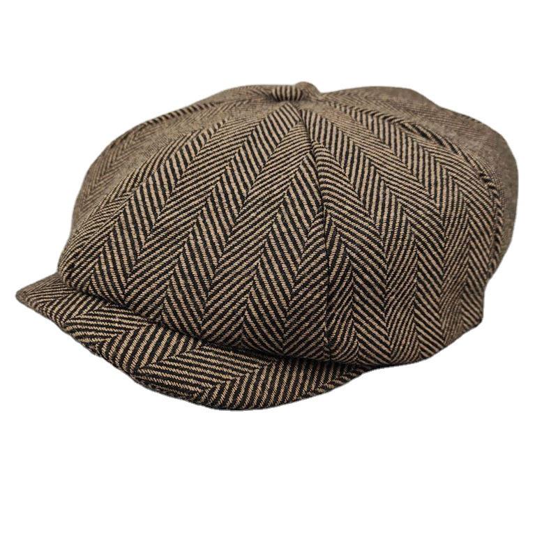 Men's British-Style Striped Newsboy Cap for Large Heads - Warm, Trendy Autumn/Winter Hat