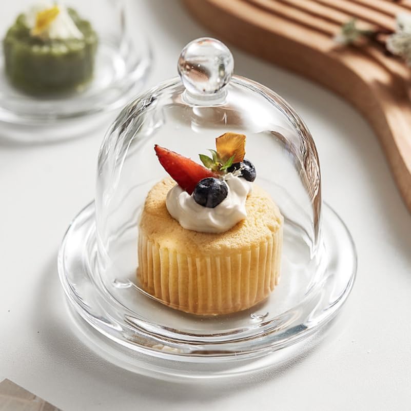 PRETYZOOM Glass Cake Stand with Lid - 9x9cm Mini Cupcake Display Dome, Appetizer Serving Tray Dessert Platter for Macarons, Cannoli, Desserts